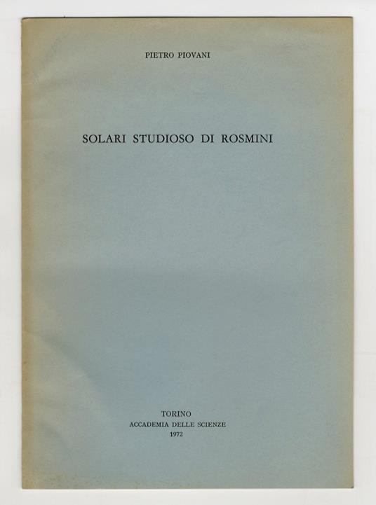 Solari studioso di Rosmini - Pietro Piovani - copertina