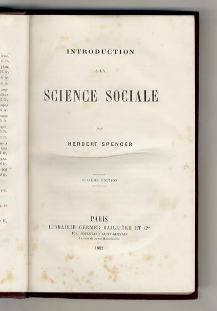 Introduction a la science sociale [...] Sixième édition - Herbert Spencer - copertina