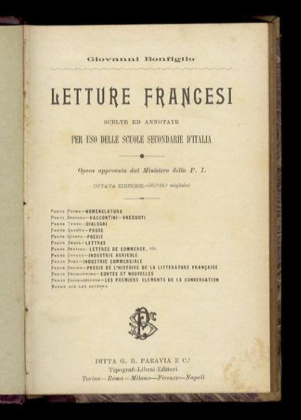 Letture francesi scelte ed annotate per uso delle Scuole secondarie d'Italia. Opera approvata dal Ministero della P. I. Ottava edizione - Giovanni Bonfiglio - copertina