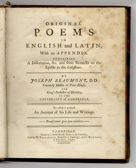 Original poems in English and Latin, with an appendix containing a Dissertation, &c. and some Remarks on the Epistle to the Colossians. By Joseph Beaumont, D.D. [...] to which is prefixed An Account of his Life and Writings - Joseph Beaumont - copertina