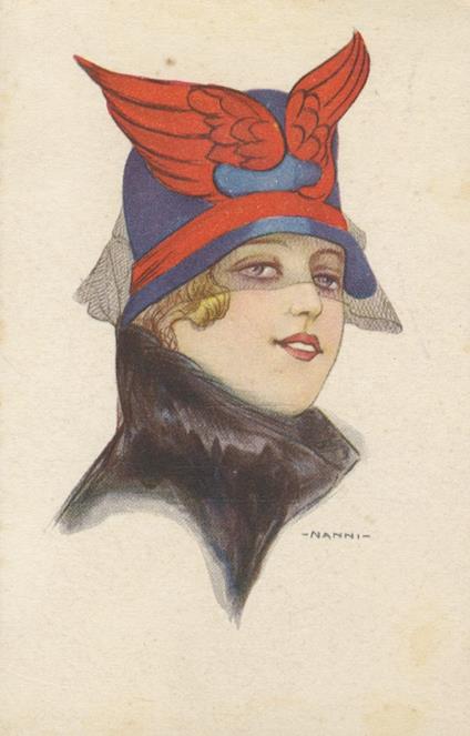 Bella cartolina illustrata a colori da Giovanni Nanni: volto di giovane donna bionda che indossa un cappello a cloche azzurro, guarnito di due ali rosso fuoco e di veletta il taglio alla garçonne e il giovane viso truccato che esce dall'ampio collo - copertina