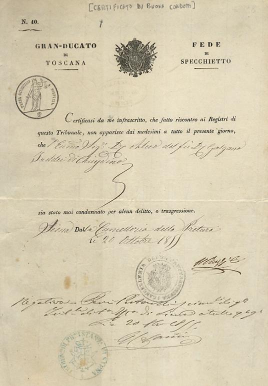 Il documento certifica che il sig. Alceo Taddei figlio di Galgano, di Chiusdino non è stato mai condannato per alcun delitto o trasgressione. Foglio volante datato - copertina