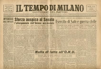 Il Tempo di Milano. Quotidiano del mattino. Disponiamo di 11 numeri del giornale pubblicati nell'ottobre 1948 (i giorni 16, 17, 19, 20, 21, 23, 24, 26, 27, 28, 30) - copertina