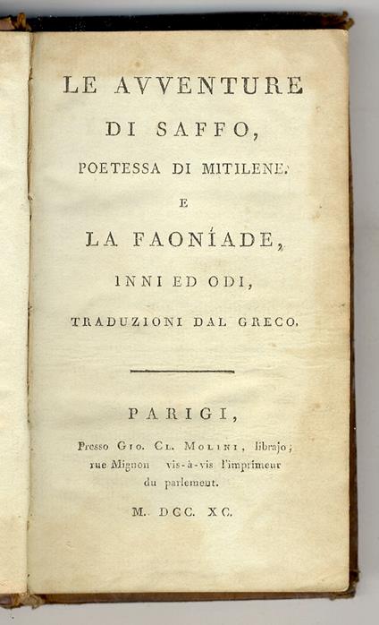 Le Avventure di Saffo, poetessa di Mitilene e la Faoníade, inni ed odi, traduzioni dal greco - copertina