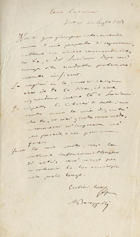 Lettera autografa firmata, su una facciata, datata "Firenze 24 luglio 1887", indirizzata a Piero Puccioni: "[...] Non ti può giungere interamente nuovo il mio proposito di separarmi, sebbene con sincero rammarico, da te, e da Luciani dopo così lunga - copertina