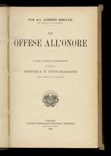 Le offese all'onore. Studio giuridico riassuntivo sui reati di ingiuria e diffamazione nel diritto italiano - copertina