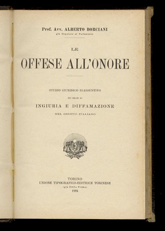 Le offese all'onore. Studio giuridico riassuntivo sui reati di ingiuria e diffamazione nel diritto italiano - copertina