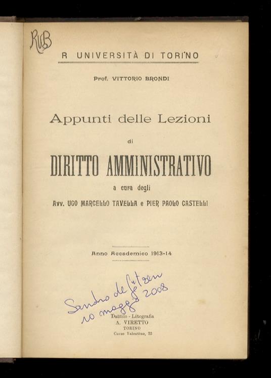 Appunti delle Lezioni di Diritto Amministrativo. Anno Accademico 1913-14. R. Università di Torino - copertina
