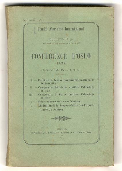 Bulletin n. 96 (comprenant les bulletins n. 92 a 95). Conference d'Oslo 1933. Président: Mr. Edvin Alten - copertina