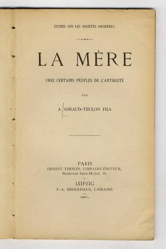 La Mère chez certains peuples de l'antiquité - copertina