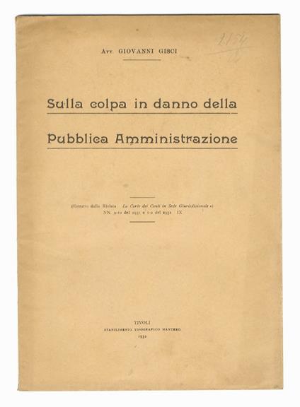 Sulla colpa in danno della pubblica amministrazione - copertina