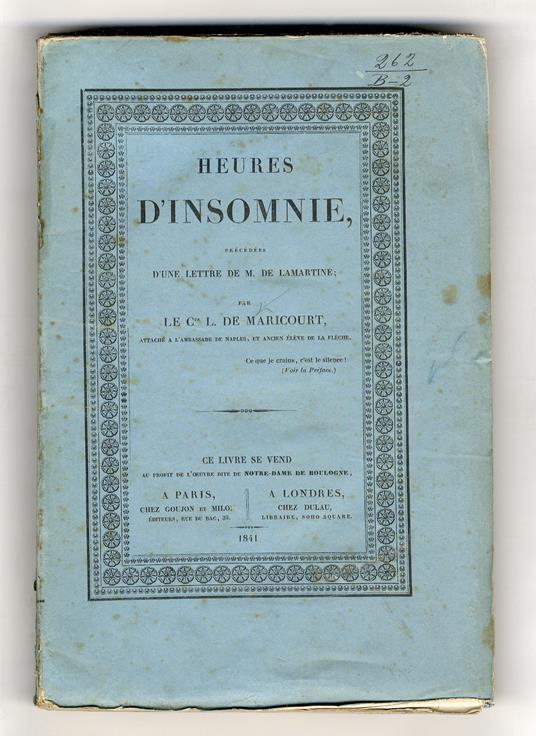 Heures d'Insomnie. Précédées d'une lettre de M. de Lamartine - copertina