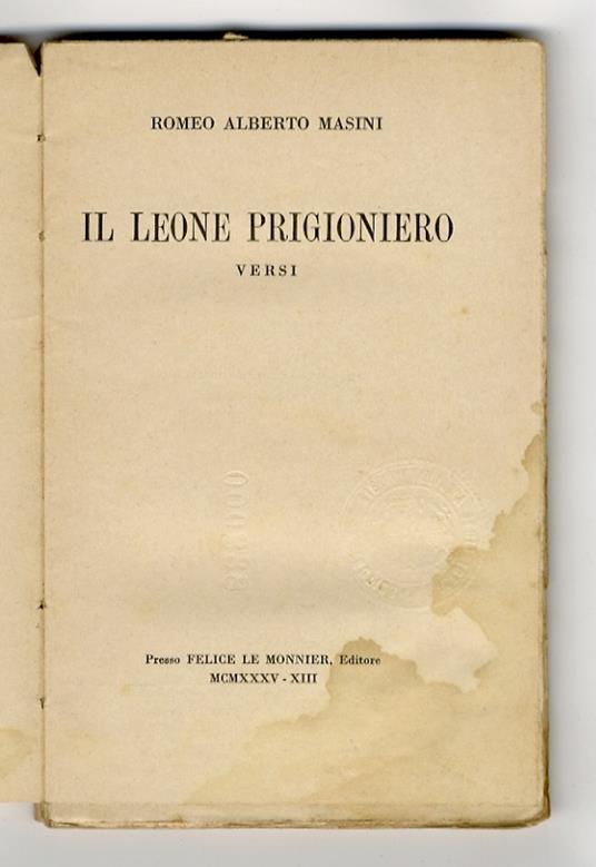 Il leone prigioniero. Versi - copertina