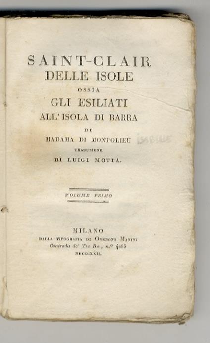 Saint-Clair delle isole ossia gli esiliati all'isola di Barra. Traduzione di Luigi Motta. Volume primo [- volume quarto] - copertina
