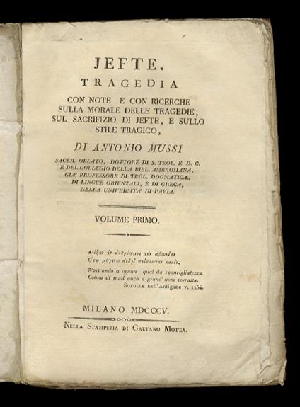 Jefte. Tragedia con note e con ricerche sulla morale delle tragedie, sul sacrifizio di Jefte, e sullo stile tragico (...) - copertina