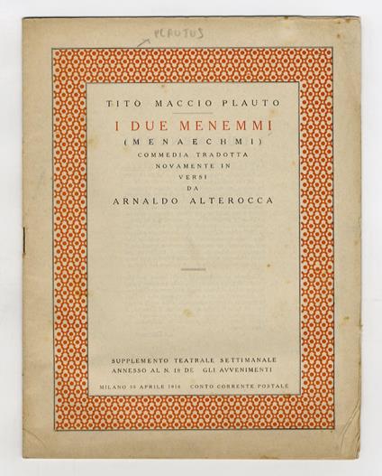I due Menemmi (Menaechmi). Commedia tradotta novamente in versi da Arnaldo Alterocca - copertina