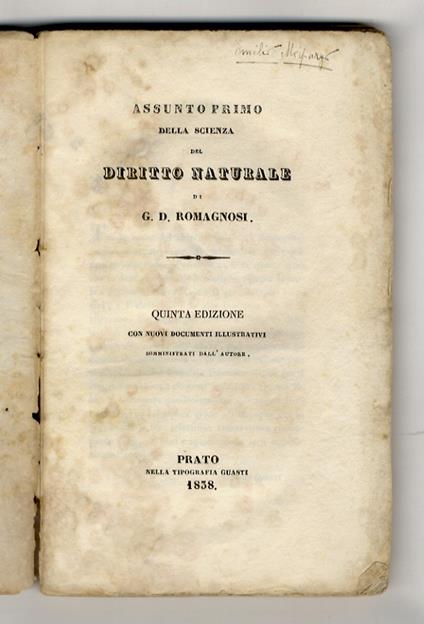Assunto primo della scienza del diritto naturale. Quinta edizione con nuovi documenti illustrativi somministrati dall'autore - copertina
