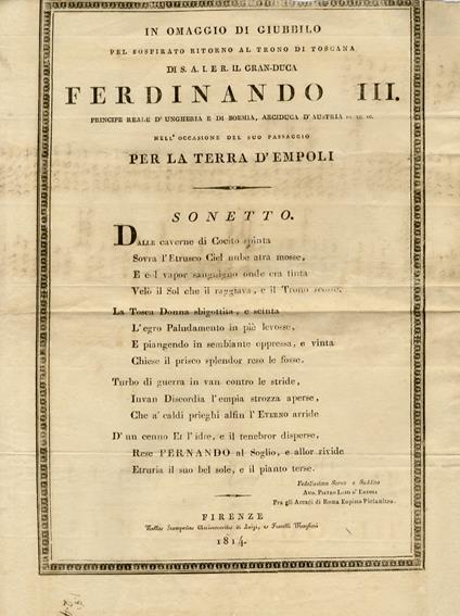 IN omaggio di giubbilo pel sospirato ritorno al trono di Toscana di S.A.I. e R. il Gran-Duca Ferdinando III, Principe reale d'Ungheria e di Boemia, Arciduca d'Austria ec., ec., ec. nell'occasione del suo passaggio per la terra d'Empoli. Sonetto [segu - copertina