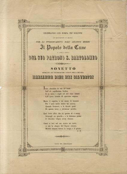 CELEBRANDO con pompa più solenne in rendimento di grazie per la preservazione dall'asiatico morbo il Popolo della Cune l'annua festa del suo patrono S. Bartolomeo: Sonetto dedicato all'incomparabile merito della Signora Marianna Dini nei Silvestri [s - copertina