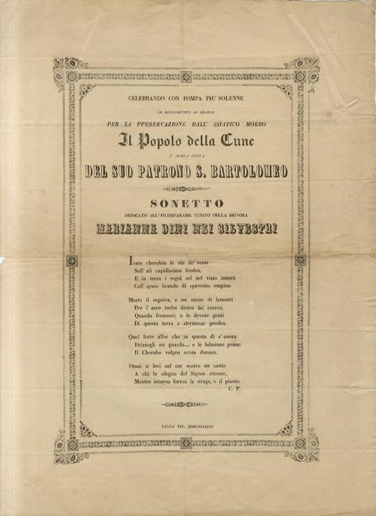 CELEBRANDO con pompa più solenne in rendimento di grazie per la preservazione dall'asiatico morbo il Popolo della Cune l'annua festa del suo patrono S. Bartolomeo: Sonetto dedicato all'incomparabile merito della Signora Marianna Dini nei Silvestri [s - copertina