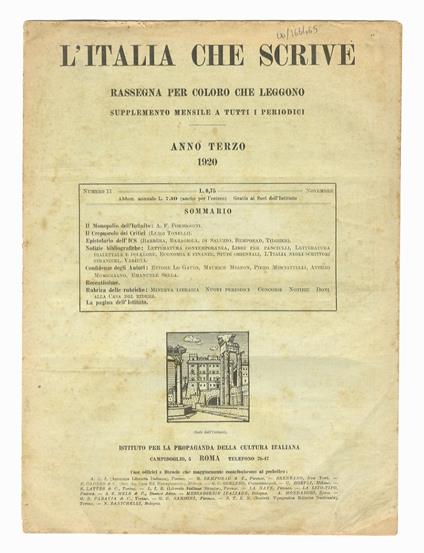 ITALIA (L') che scrive. Rassegna per coloro che leggono. Supplemento mensile a tutti i periodici. Anno terzo. 1920. Fascicolo n. 11 - copertina