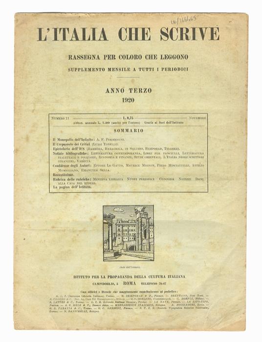 ITALIA (L') che scrive. Rassegna per coloro che leggono. Supplemento mensile a tutti i periodici. Anno terzo. 1920. Fascicolo n. 11 - copertina