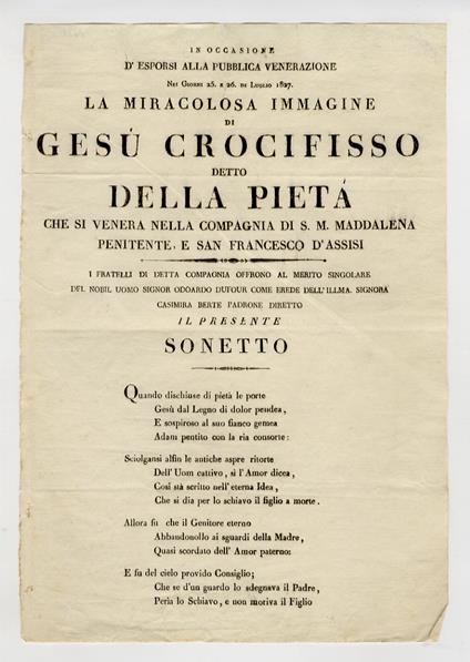 IN occasione d'esporsi alla pubblica venerazione nei giorni 25 e 26 di Luglio 1827 la Miracolosa Immagine di Gesù Crocifisso detto della Pietà che si venera nella Compagnia di S.M. Maddalena Penitente e San Francesco d'Assisi, i fratelli di detta Com - copertina