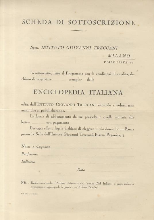Scheda di sottoscrizione per l'abbonamento all'Enciclopedia Italiana edita dall'Istituto Giovanni Treccani - copertina