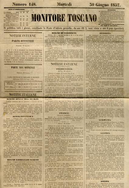 MONITORE Toscano. Numero 148. Martedì 30 giugno 1857 - copertina