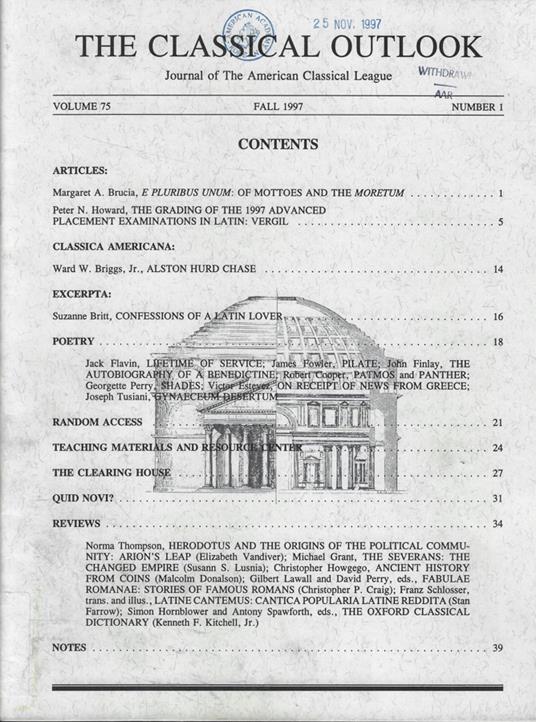 The Classical Outlook Vol. 75 n. 1 Anno 1997 - copertina