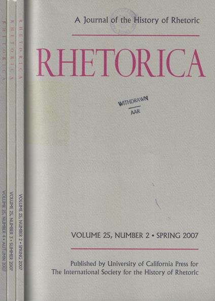 Rhetorica vol. 25 n. 2-3-4 Anno 2007 - copertina