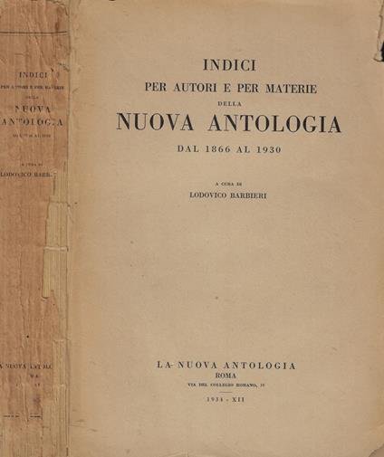 Indici per autori e per materie della Nuova Antologia dal 1866 al 1930 - copertina