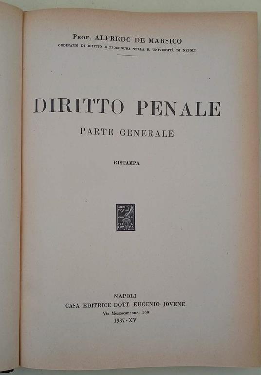 Diritto Penale Parte Generale - Alfredo De Marsico - copertina