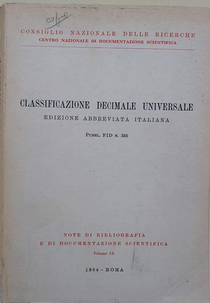 Classificazione Decimale Universale -Edizione Abbreviata Italiana- Pubbl. Fid N. 356 - copertina