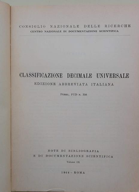 Classificazione Decimale Universale -Edizione Abbreviata Italiana- Pubbl. Fid N. 356 - copertina