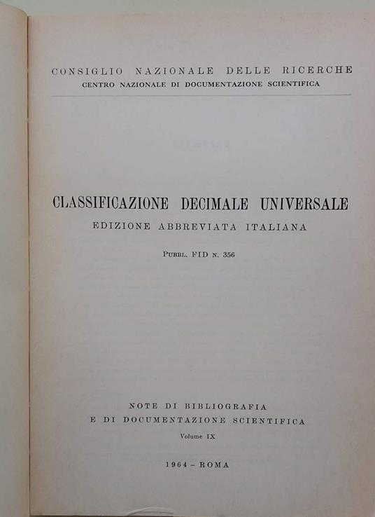 Classificazione Decimale Universale -Edizione Abbreviata Italiana- Pubbl. Fid N. 356 - copertina