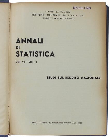 ANNALI DI STATISTICA. Serie VIII - Vol.III. STUDI SUL REDDITO NAZIONALE - copertina