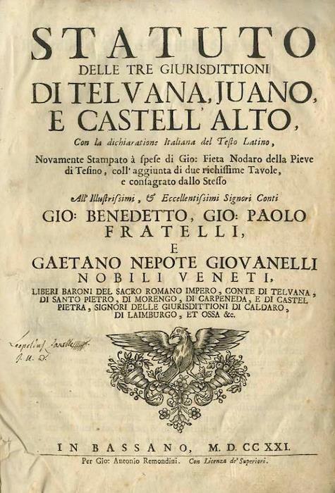 Statuto delle tre giurisdittioni di Telvana, Juano, e Castell'Alto, con la dichiaratione italiana del testo latino - copertina