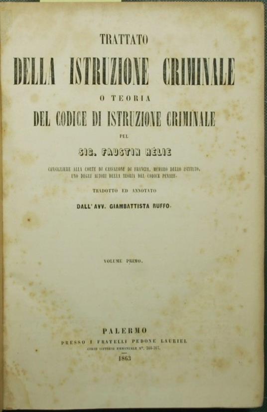 Trattato della istruzione criminale o teoria del codice di istruzione criminale - copertina