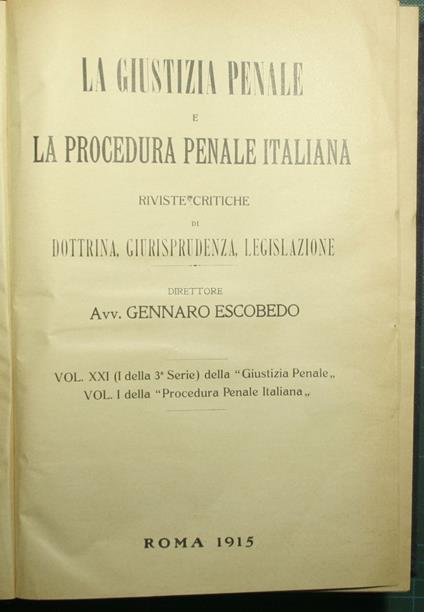 giustizia penale e La procedura penale italiana - Vol. XXI (I della 3a Serie) e Vol. I - copertina