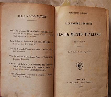 Ricordanze Storiche Del Risorgimento Italiano 1822 / 1870 - Francesco Carrabino - copertina