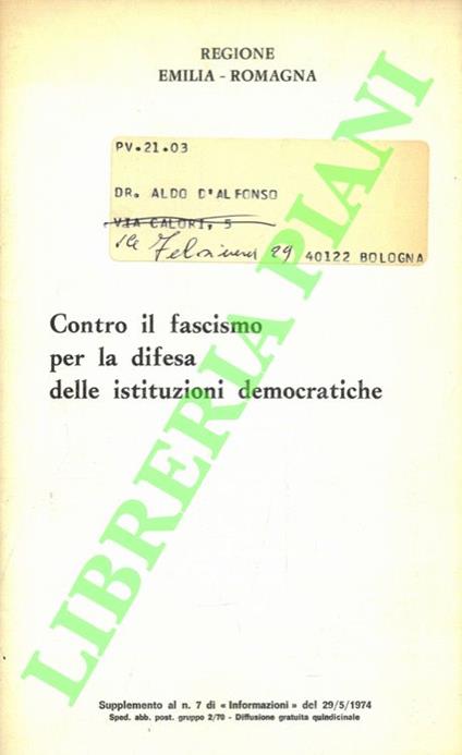 Contro il fascismo per la difesa delle istituzioni democratiche - Aldo D'Alfonso - copertina
