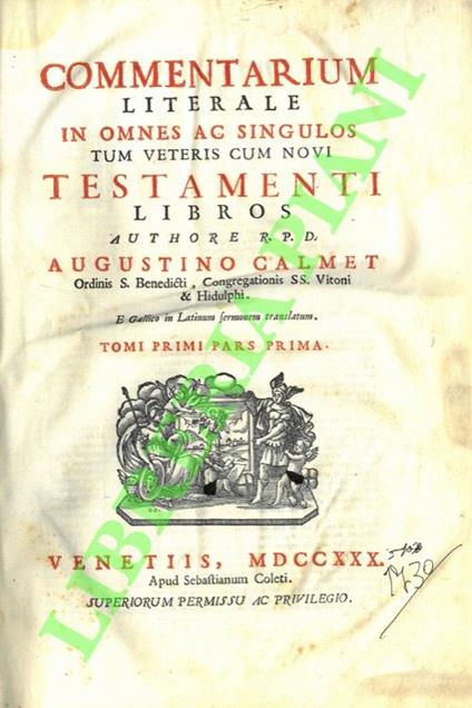 Commentarium Literale in omnes ac singulos tum veteris cum novi testamenti libros. Tomo I. Pars prima - copertina