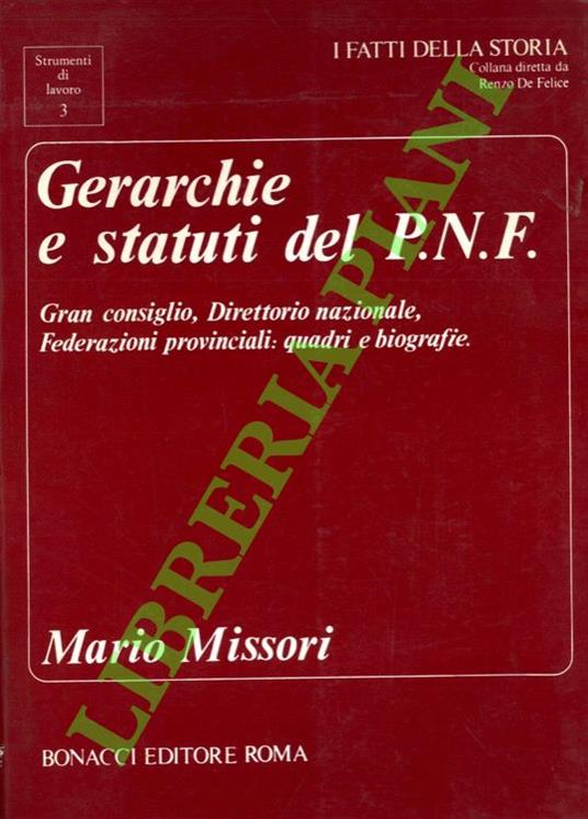 Gerarchie e statuti del P.N.F. Gran consiglio, Direttorionazionale, Federazioni provinciali: quadri e biografie - copertina