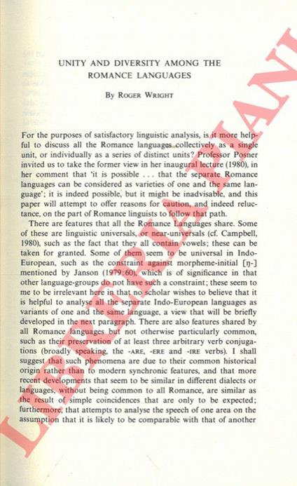 Unity and Diversity Among the Romance Languages - copertina