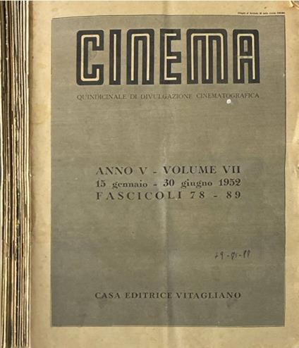 Cinema anno V, vol VII, 15 gen - 30 giu 1952, fascicoli 78-8 - copertina