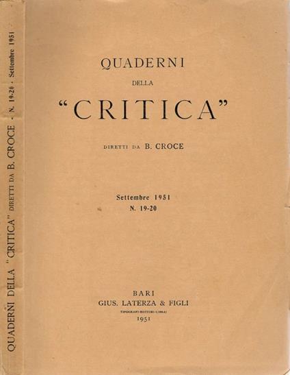 Quaderni della critica. N. 19-20 Settembre 1951 - copertina