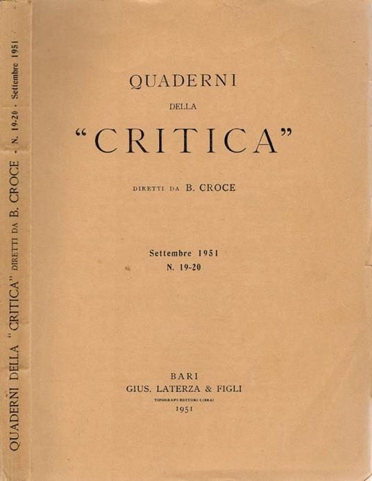 Quaderni della critica. N. 19-20 Settembre 1951 - copertina