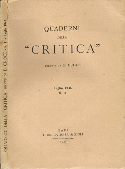Quaderni della critica. N. 11 Luglio 1948 - copertina