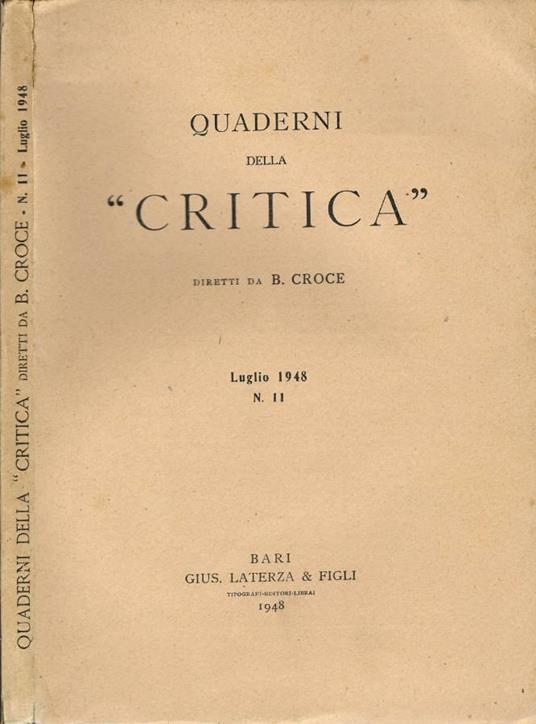 Quaderni della critica. N. 11 Luglio 1948 - copertina